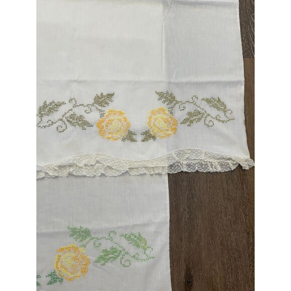 Vintage Embroidery Stitch Yellow Rose Lace Standard Pillow Cases Set Pair Cotton - Picture 2 of 8